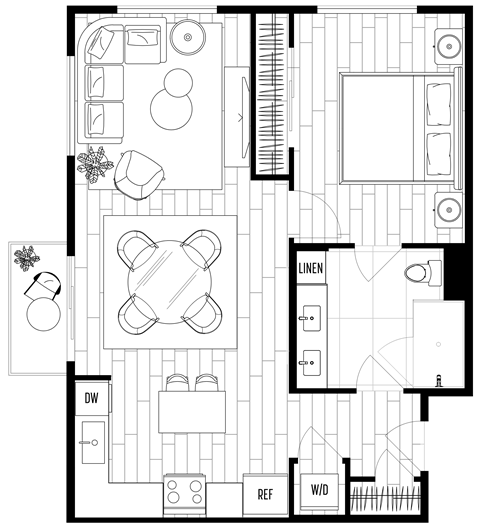 A black and white floor plan of a house with labeled rooms.